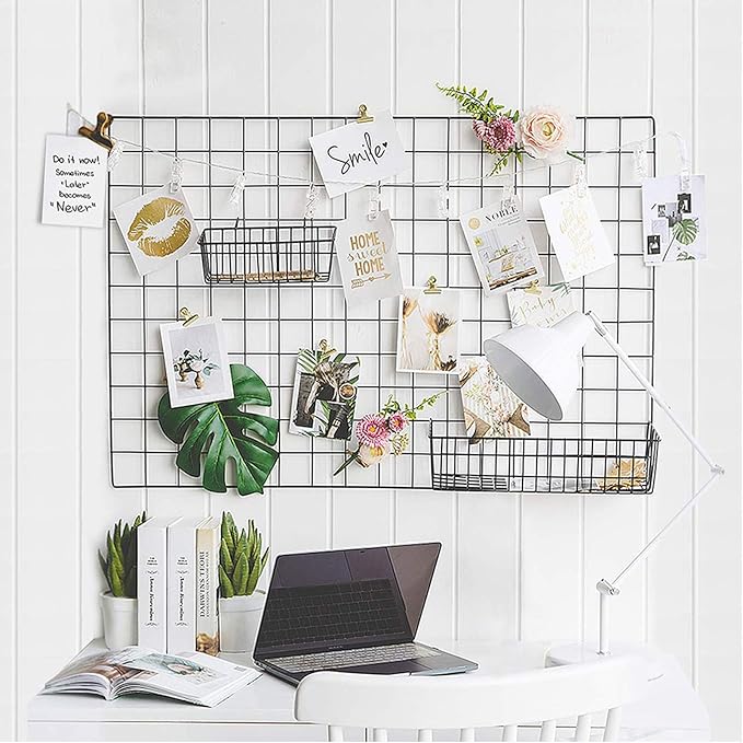 GBYAN 2 Pack Large Wall Grid Panels with Light and Clips, Photo Display Board, Picture Frame Collage Board, Wire Grid Wall Panel Room Decoration,Black