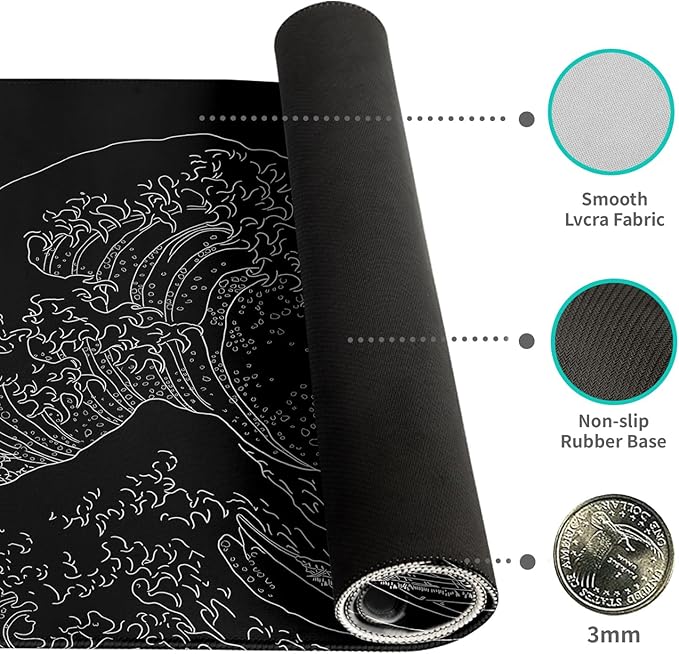 Gaming Mouse Pad Desk Pad XL Large Mouse Mat Office Decor Accessories (Black Wave)