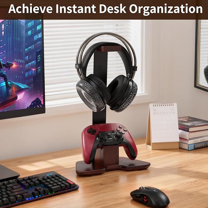 Headset and Controller Stand for Desk, Walnut Wood Headphone Stand with Gaming Controller Holder, Universal Headset Holder for PS5, Xbox, AirPods Max & All Headphones