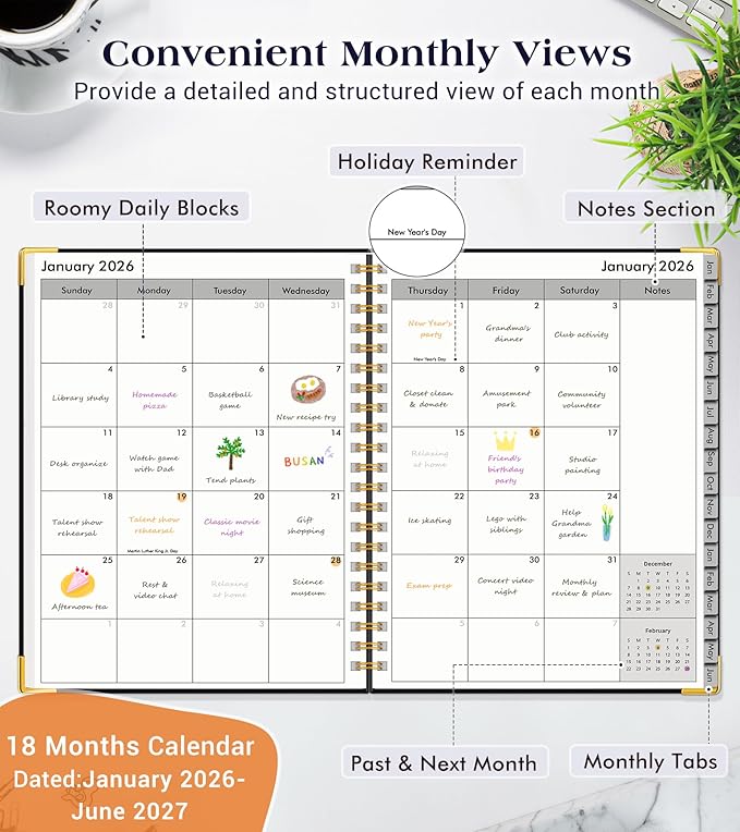 Planner 2026-2027, 18 Months Weekly and Monthly Hardcover Planner, January 2026 - June 2027, 8.5" x 11" A4 Large Daily Calendar Planner Book with Tabs, Spiral Yearly Agenda Organizer Notebook for School Work Home, Black