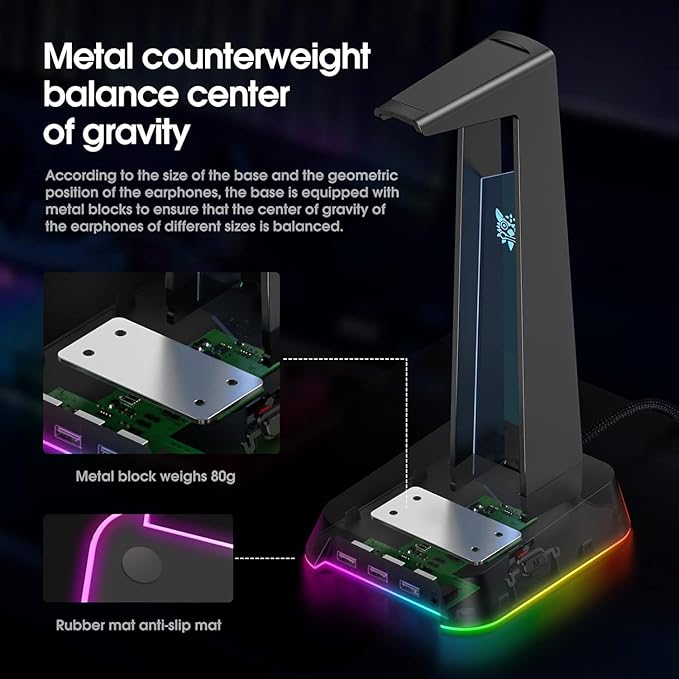 RGB Headphone Stand with 3.5mm AUX and 3 Port USB 2.0 Hub, Universal Gaming Headset Hanger Holder for Computer Gaming Gamer Accessories (Black)
