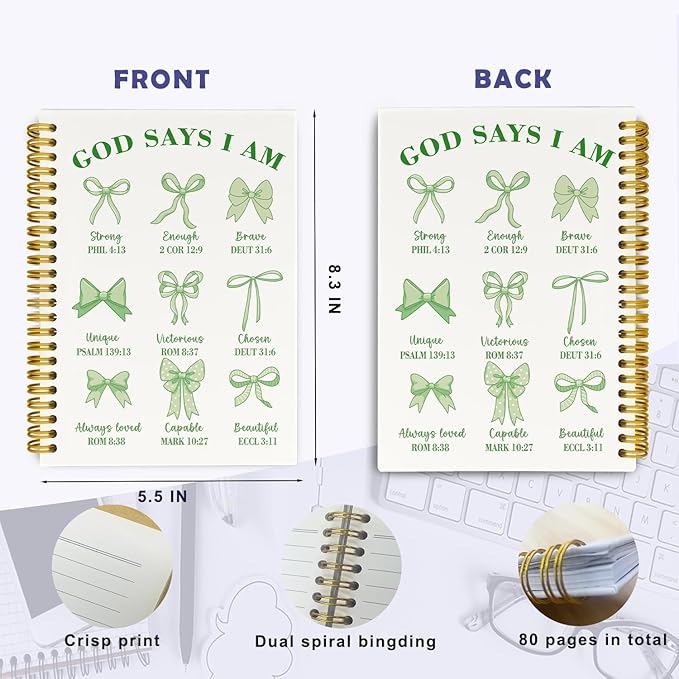 Bible Journal for Women, Christian Prayer Journal Sage Green Notebook Gifts For Teen Girls Kids, Bible Study Supplies，Coquette Preppy Bows Cute Church Faith Journaling Hardcover Spiral Notebook 5.5 X 8.3