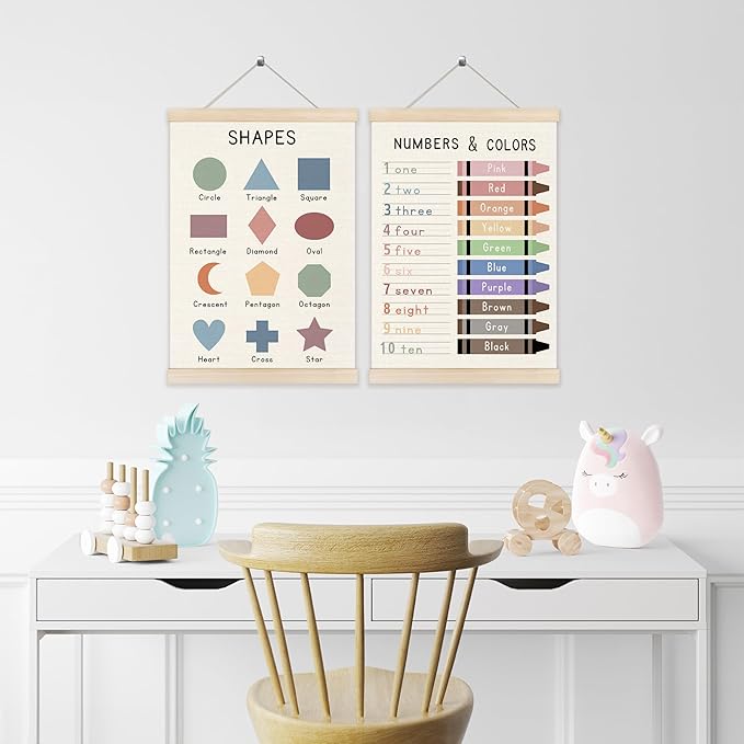 Koesus Colored Numbers and Shapes Wall Art Poster Hanger Frame 12x16 Inch Set of 2, Educational Learning Canvas Pictures Prints Framed Wall Decor for Classroom Toddler Kids Room Nursery Playroom