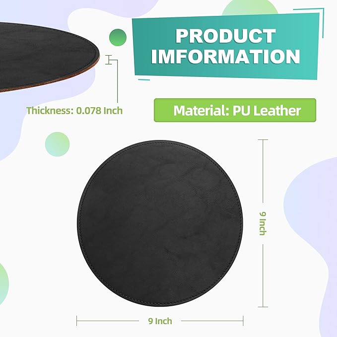Mouse Pad，Round Mouse Pad，PU Mouse Pad，Leather Mouse Pad with Stitched Edge Micro-Fiber Base with Non-Slip Waterproof，Mouse Pad for Computers，Laptop，9 x 9 Inch (Charcoal Black)