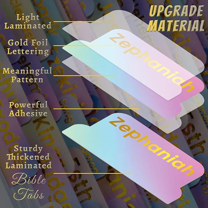 Bible Tabs with Unique Stickers, Gold Foil Laminated Bible Tabs, Bible Tabs for Women, Christian Gifts, Large Print Bible Tabs, Bible Book Index Tabs Labels, Bible Study Supplies (Rainbow)