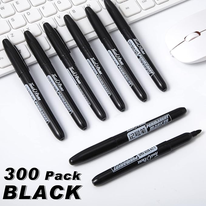 Thenshop 300 Pack Permanent Markers Bulk Back to School First Day of School Gifts Fine Point Waterproof Marker Works on Plastic, Wood, Stone, Metal, Glass for Office Classroom(Black)