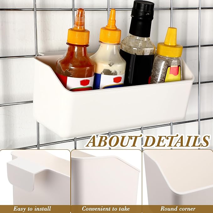 Gridwall Baskets, Grid Wall Storage Bin Plastic Grid Wall Panels Bins for 3 Inch Gridwall Panel for Organizing Storage Display Kitchen Home Office Garage Bathroom(White,4 Pcs)
