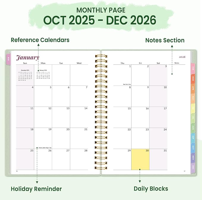 2026 Planner, Annecy Weekly ＆ Monthly Planner 2026, Jan. 2026 – Dec. 2026, 6.4" x 8.3" Monthly Agenda Planner with Tabs, Waterproof Flexible Cover, Spiral Binding, Double-sided Pocket, Bookmark, Green