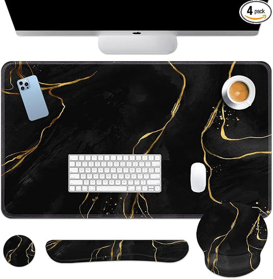 Britimes Black Gold Marble Keyboard Mouse Pad Set 4in1 Large Mousepad+Keyboard Wrist Rest+Mouse Wrist Rest+Coaster Ergonomic Design for Home Office Computer 35.4x15.7 inches