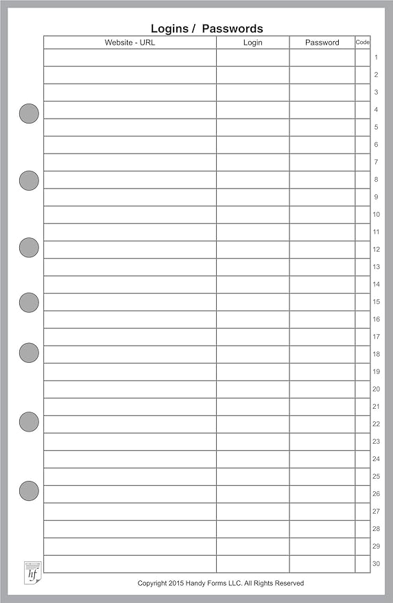 Classic Size Login Password List, Sized and Punched with 7 Holes for 7-Ring Notebooks Such as Franklin, etc. (5.5" x 8.5")