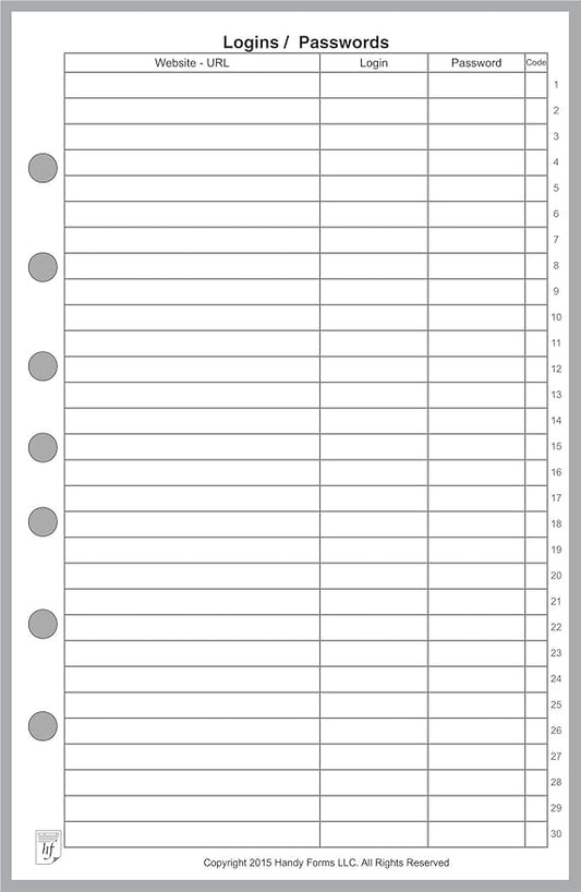 Classic Size Login Password List, Sized and Punched with 7 Holes for 7-Ring Notebooks Such as Franklin, etc. (5.5" x 8.5")