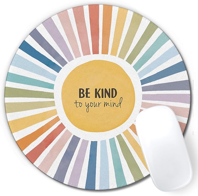 Boho Colorful Rainbow Sun Mouse Pad,Be Kind To Your Mind Cute Rainbow Sunshine Mouse Pads Mousepad for Desk Home Office Dorm Computers Laptop, Boho Office Supplies Desk Accessories, 7.9x7.9 Inch