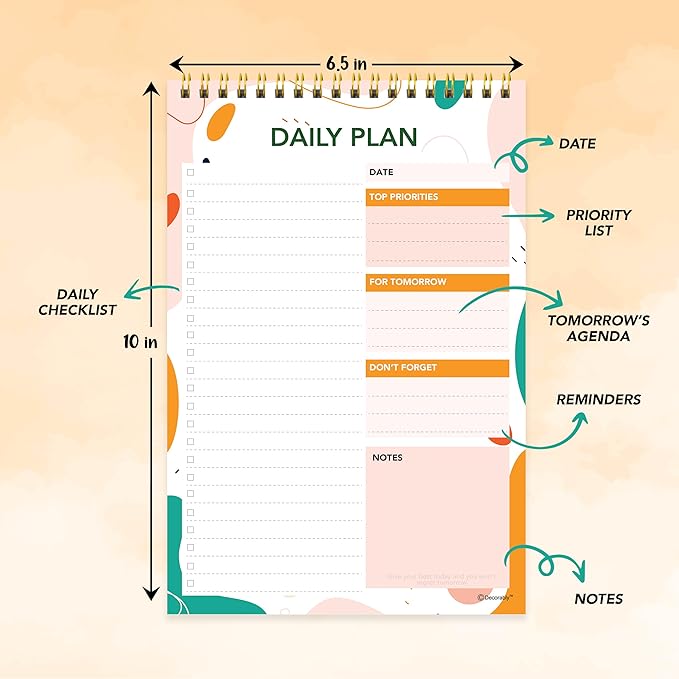 Decorably 52 Sheets Vibrant Pastel Undated Daily to Do List Notepad Spiral, 6.5x10in Spring-Bound Planner Pad, Easy Tear-Off Design, with Priorities, Checklist, Agenda, Reminders, Notes - Home, School