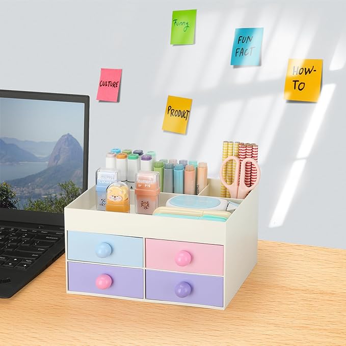 LETURE Desk Organizer with Drawer, Desktop Accessories Stationary Organizer Desk Caddy, Pen/Pencil/Business Card/Sticky Note Tray/Paperclip Holder Storage Box (Colorful A)