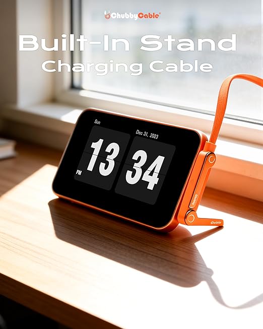 chubbycable StandLite 240W Braided Fast Charge Cable with Built-in Phone Stand T-Shaped Foldable Durable USB-C Cord 90 Degree USB C Cable Right Angle Multi-Functional Charger Cord, Orange, 4.9FT