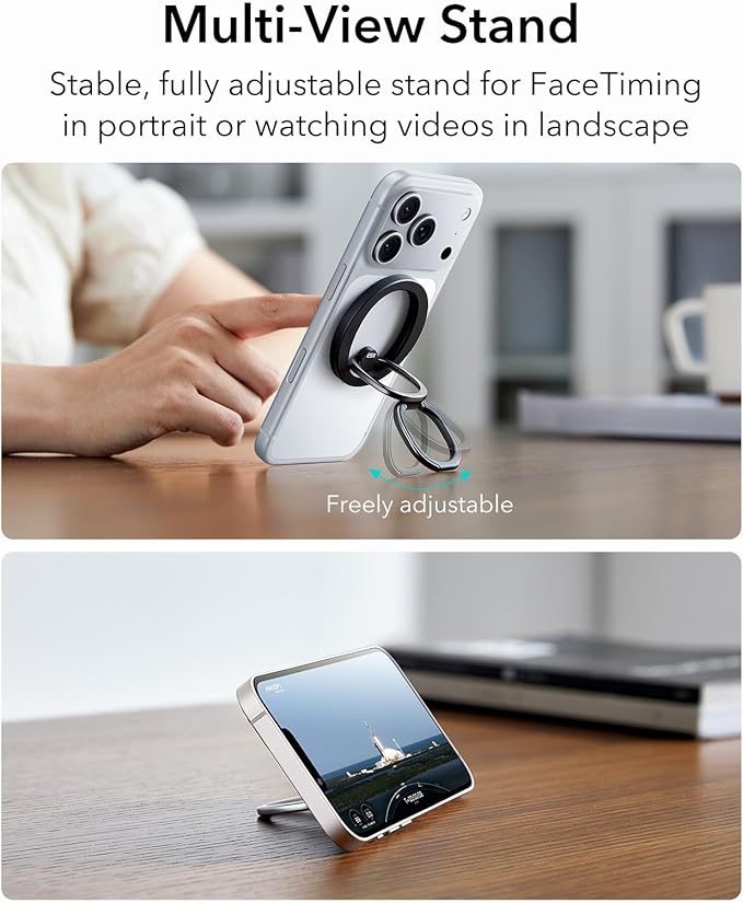 ESR for MagSafe Phone Grip, MagSafe Ring Holder, Magnetic Phone Ring Holder, Magnetic Phone Grip with 2-Way Stand for iPhone 17/16/15/14/13/12, Samsung, Google, All Smartphones(2 Metal Rings included)