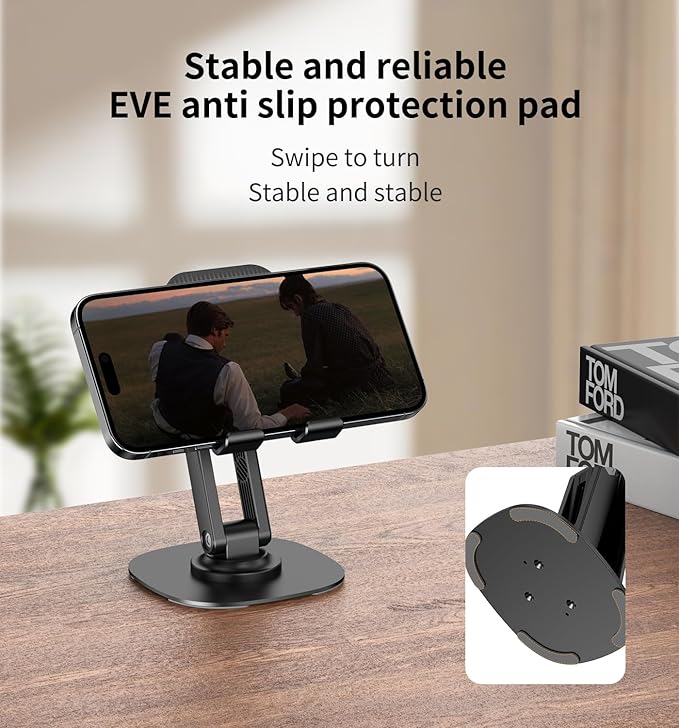 360° Degree Rotating Mobile Phone Holder,Fully Adjustable Foldable Desktop Phone Holder Stand Base,Foldable Desktop Cell Phone Stands for iPhone17 16 15 Pro Xr Xs Max X Plus iPad Samsung(K69-Black)