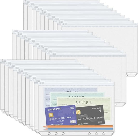 Antner 30pcs A5 Binder Pockets 6-Hole Budget Planner Inserts Cash Stuffing Envelopes for Money Organizer, White Zipper Pouch Folders Waterproof PVC Loose Leaf Filling Bags for A5 6-Ring Savings Binder