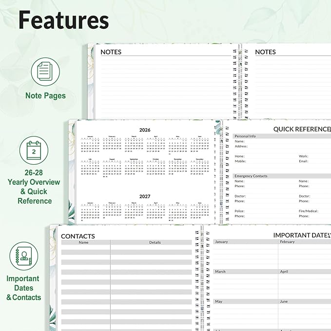 SUNEE 2026-2027 Appointment Book, Quarter-Hourly, Weekly & Monthly - from July 2026 to June 2027, 8.5"x11" Academic Planner, Flexible Cover, Note Pages, Bookmark, Spiral Binding, Greenery