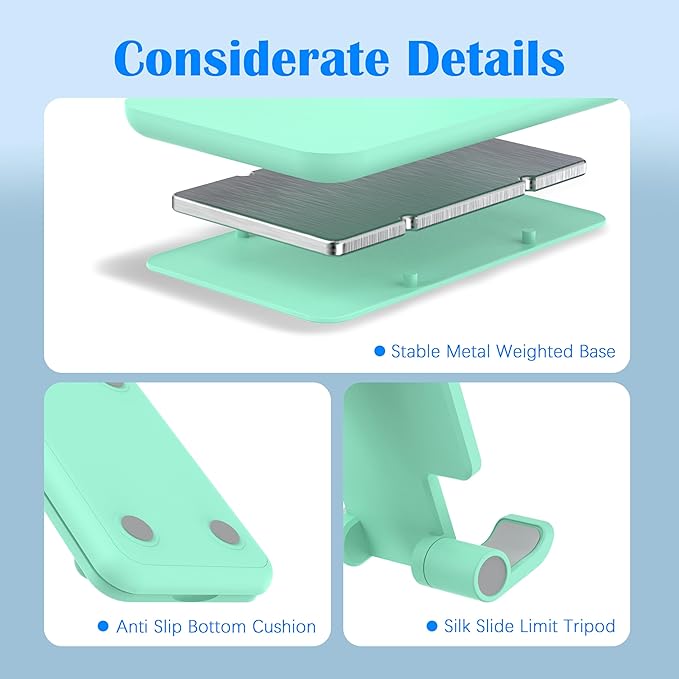 Cell Phone Stand, Adjustable Angle and Height Cell Phone Holder for Desk, Foldable and Portable, Anti-Slip Silicone Pad, Compatible with All Mobile Phones and 4-8 Inch Devices (Green&Green)