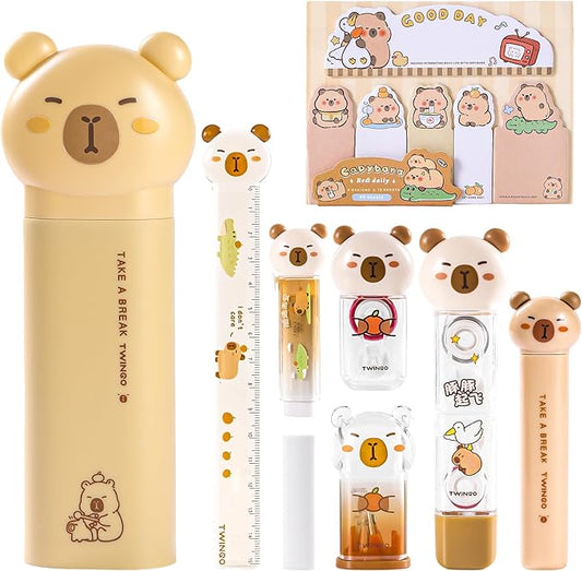 9 Pcs Cute Capybara Stationary Set Kawaii School Supplies Japanese Stationery, Includes Pencil Sharpener, Eraser, Correction Tape, Glue Tape, Sticky Notes, Ruler, Scissors for Office School Supplies