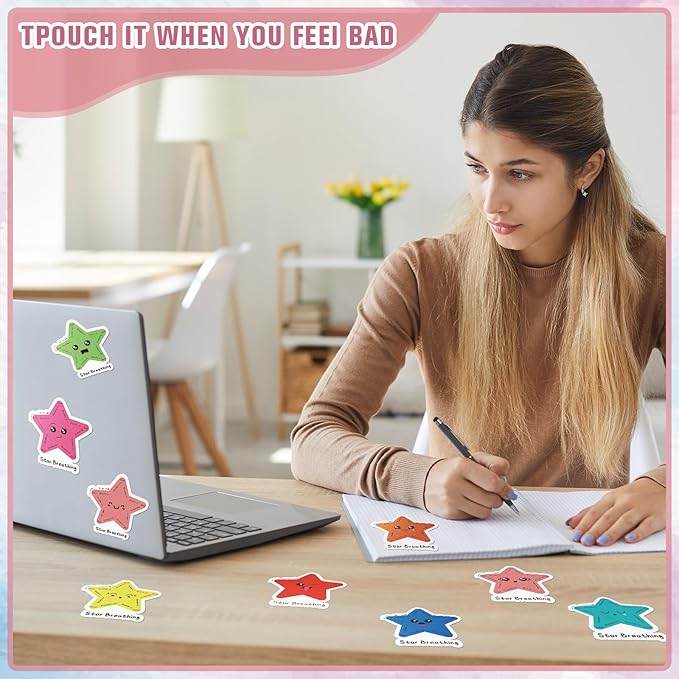 Crtiin 100 Pcs Sensory Strips Anxiety Calm Mindfulness Stickers Fidget Stress Breathing Sensory Sticker Different Textures Rough Tactile Tape for Mental Health Adults Desk Anxiety Relief(Star)