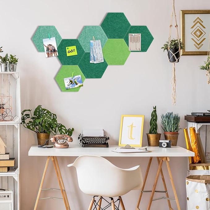 8 Pcs 12" Large Hexagon Felt Cork Board Tiles Self Adhesive DIY Bulletin Board Pin for Office Home Wall Decor Stickers Memos Photos Display with 10 Multi-Color Clip Drawing Pins(Green)