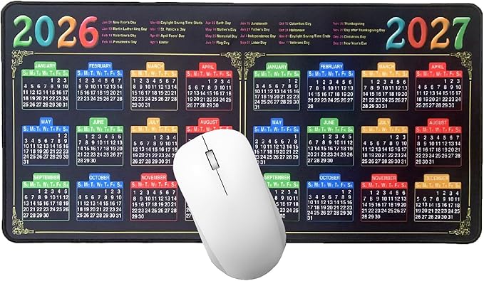 Mouse Pad with Stitched Edge, Black Mousepad, 2026 Calendar Pad, Computer Mouse Mat with Non-Slip Rubber Base, 2027 Calendar Mouse Pad (Black, 23.6 * 11.8 inches)