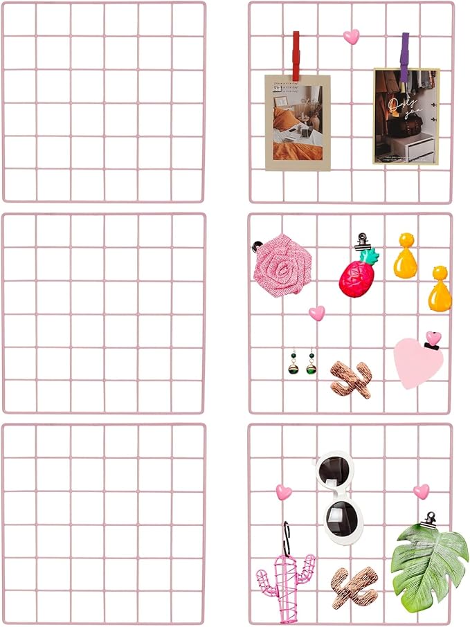 PATIKIL 12x12 in Wall Grid Panel, 6 Pack Wire Grid Panel Shelf Board Metal Gridwall Photo Pictures Display Hanging Organizer Mesh Frame Memo Board for Display DIY Craft Shows Home, Pink