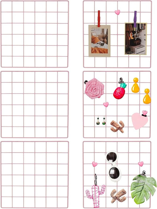 PATIKIL 12x12 in Wall Grid Panel, 6 Pack Wire Grid Panel Shelf Board Metal Gridwall Photo Pictures Display Hanging Organizer Mesh Frame Memo Board for Display DIY Craft Shows Home, Pink