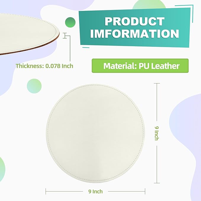 Mouse Pad，Round Mouse Pad，PU Mouse Pad，Leather Mouse Pad with Stitched Edge Micro-Fiber Base with Non-Slip Waterproof，Mouse Pad for Computers，Laptop，9 x 9 Inch (White)