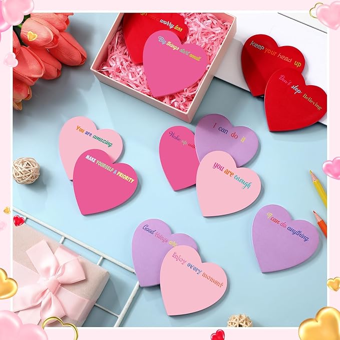 Teling 24 Pack Valentine's Day Sticky Notes Heart Shape Sticky Notes 3 x 3 Inch Inspirational Notepads Bulk Cute Memo Pads for Valentines Party Gifts School Office Supplies (Red Pink Purple)