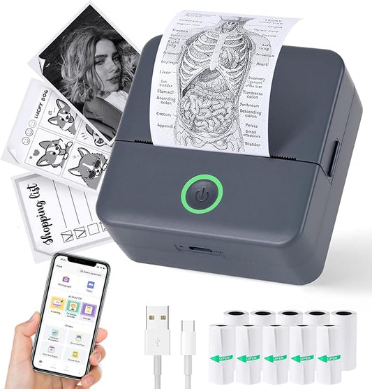 cudinham Print Pods Mini Printer, Sticker Printer with 10 Rolls Thermal Printing Paper, Inkless Pocket Printpod for Phone, Impresora Portátil for Notes, DIY, Compatible with iOS & Android (Grey)