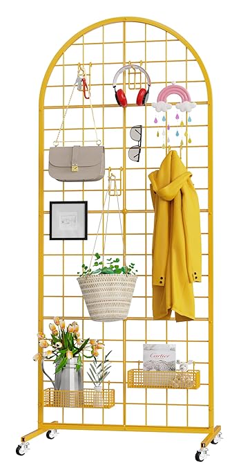 Grid Wall Panel 1PCS Display Stand 2' x 5.2' FT Gold Grid Wall Panels Movable Retail Display Racks Floorstanding Gridwall Heavy Duty with Wheel for Art Craft Photo Displays Fair Trade Show