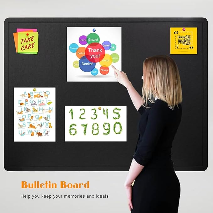 Bulletin Board, 36 X 24 inches Cork Board with 20 Pushpin, Felt Cork Board Notice Pin Board, Self-Adhesive Vision Board Mood Board Foldable Photo Board for Wall - Black