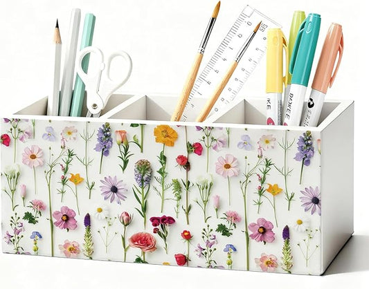 Floral Pen Pencil Holder for Desk Accessories, Cottagecore Colorful Wildflower Botanical Wooden Box Sign Decorations for Girls Room Bedroom Dorm Home Office Desk Tabletop