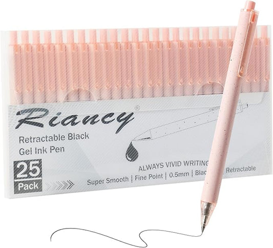 RIANCY Cute Pink Pens Black Ink 25PCS Retractable Gel Pens Writing Extra Fine Point 0.5mm Gift for Women Journaling Teachers Stationery Office School
