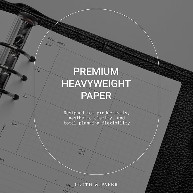 Cloth & Paper Weekly Admin Planner Inserts | A5 Size 5.8 x 8.3 Inches | 6 Ring Punch | Monday Start | Minimalist Weekly Agenda Refill | Task List & Habit Tracker Planner Pages for A5 Ring Binder