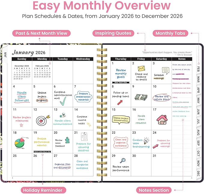 2026 Planner, Weekly and Monthly Planner for Women, January 2026 to December 2026, Pretty Hardcover 2026 Calendar Planner Book with Tabs, Inner Pocket, Spiral Bound, Perfect Office Home School Supplies - 6.3" x 8.5", Colorful Grove