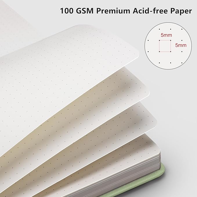 RETTACY Dotted Journal Notebook, 192 Pages, A5 Medium Size (5.7'' x 8.3''), Leather Hardcover, 100 GSM Thick Paper, for Bullet Journaling, Planning, Tracking (Light Green)