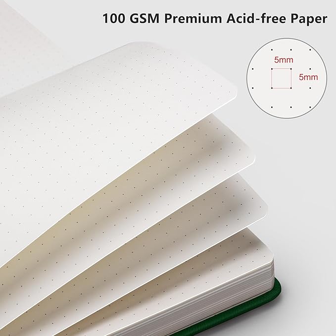 RETTACY Dotted Journal Notebook, 192 Pages, A5 Medium Size (5.7'' x 8.3''), Leather Hardcover, 100 GSM Thick Paper, for Bullet Journaling, Planning, Tracking (Dark Green)