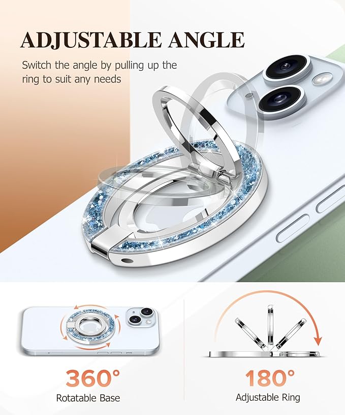 GVIEWIN Magnetic Phone Ring Holder, Compatible with MagSafe Phone Grip with Adjustable Stand, Magnet Phone Ring Kickstand for iPhone 17/16/15/14/13/12 Pro Max Plus Air/Other Phones (Glitter/Blue)