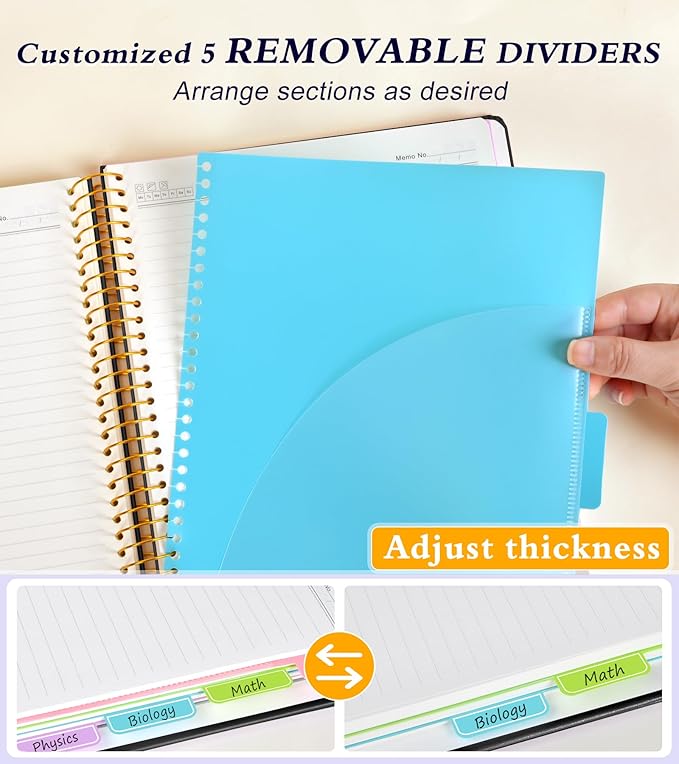 5 Subject Notebook College Ruled, A5 Hardcover Spiral Notebook with Removable Pocket Dividers Tabs, 240 Pages Lined Spiral Journal Notebook for Women, 6x8.5 Notebooks for Work School Note taking Black