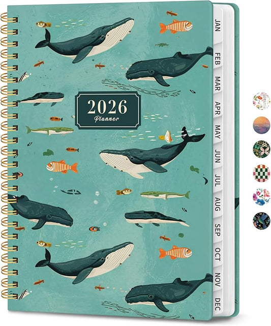 2026 Planner, Weekly and Monthly Calendar Planner for Women, Jan 2026 - Dec 2026, Hardcover Planning Agenda book with Tabs, Spiral Bound, Inner Pocket, Perfect for School Office Supplies, 6.3" x 8.5" - Depths Whale