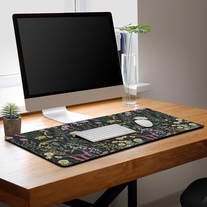 Pc Mouse Pad Black Computer Desk Pad, Large Desk Pads Gaming Desk Mat, Large Mouse Pads Non-Slip Rubber Base Waterproof with Stitched Edges, 35.4" X 15.7" for Work/Game/Office Colorful Flower
