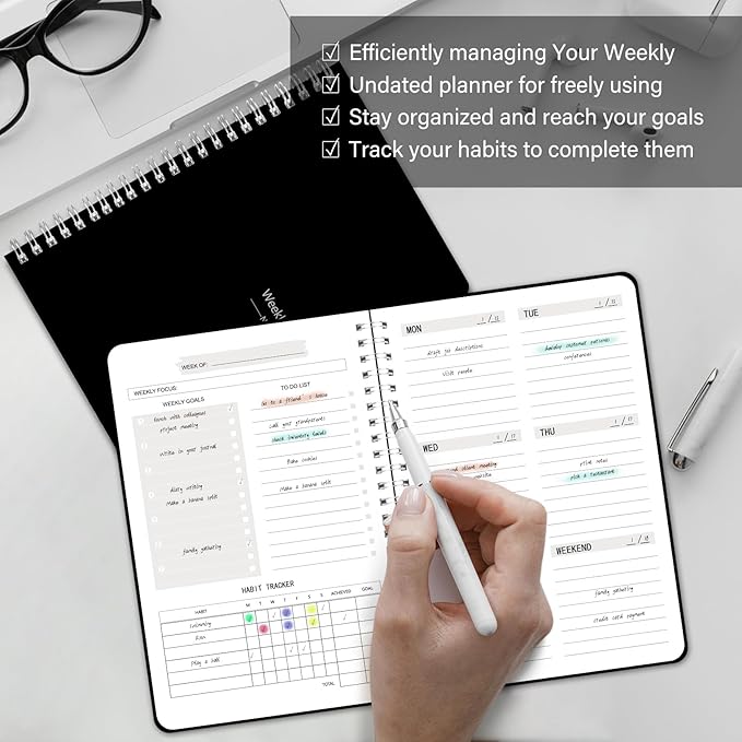 TREES Undated Weekly Planner, Weekly To Do List Notebook with Goal & Habit Tracker Organizer, A5 5.8"" x 8.0"" Weekly Planner Notebook with Spiral Binding for Men or Women, Black