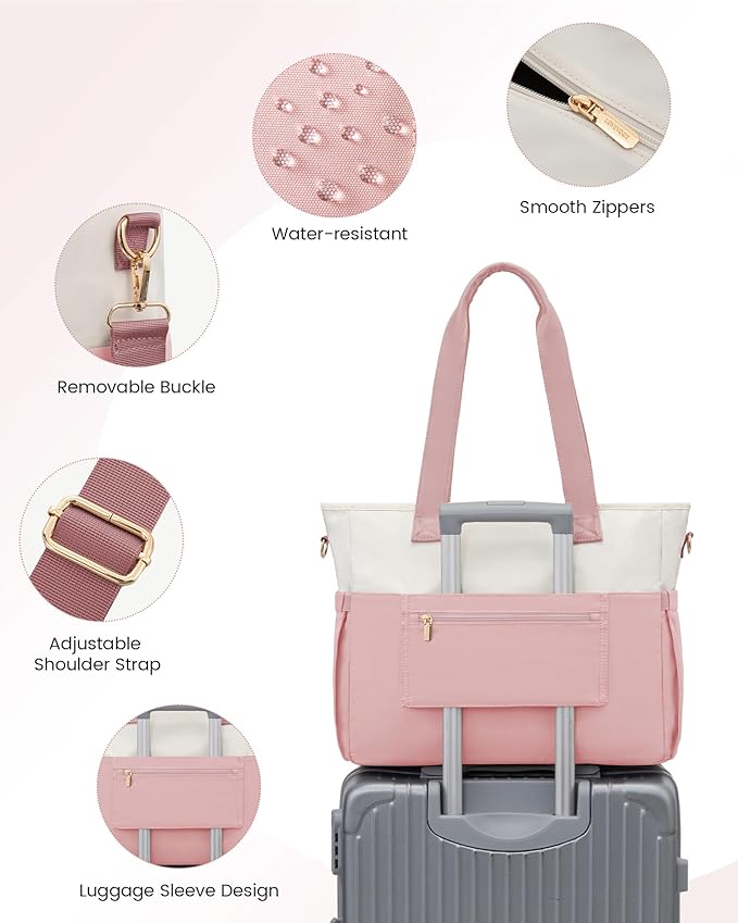 LOVEVOOK Laptop Bag for Women 15.6 Inch Canvas Laptop Large Capacity Work Bags Mutiple Pockets Teacher Bag Water Resistant Computer Bags for Business Travel Nurse, Pink Beige