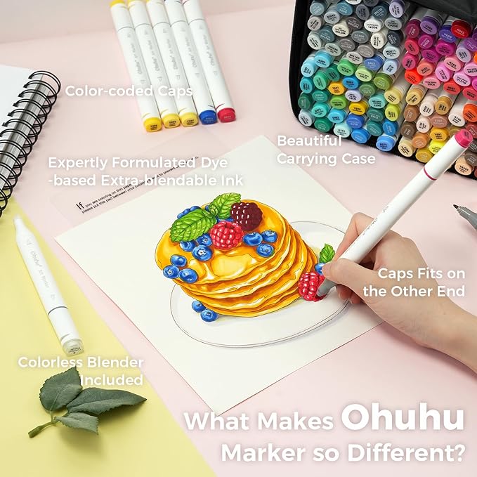 Ohuhu Alcohol Based Markers: 120-color AP Certificated Refillable Double Tipped Art Marker Set for Artist Designer Adults Coloring Illustration - Chisel and Fine Dual Tips - Oahu of Ohuhu Markers