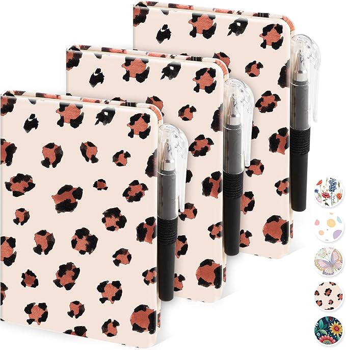 Pocket Journal Notebook for Women Girls, 3 Pack Small Mini Notebook Journals with Pen, A6 (3.7" x 5.7") Leopard Cover Lined Notepad with 100GSM Thick Paper, Office Home School Supplies