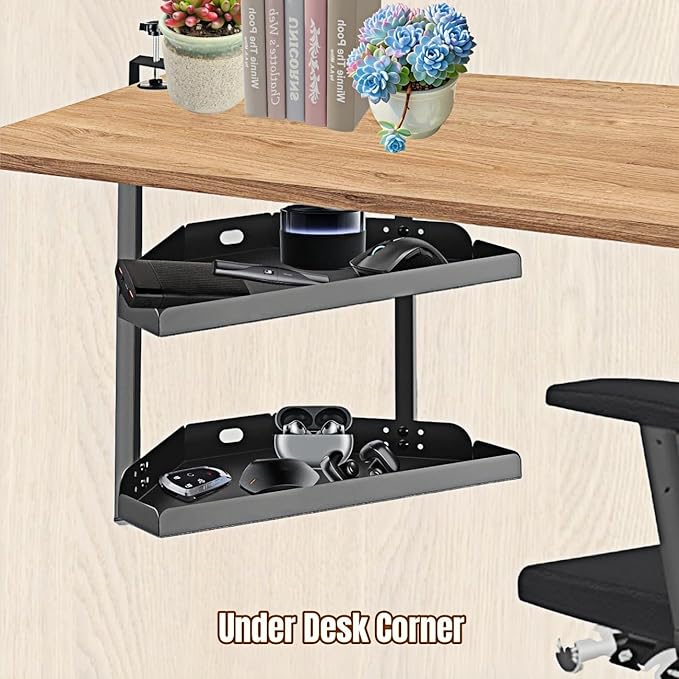 CanKing Clamp Desk Corner Shelf 2 Layer Clip On or Under Table Corner Organizer, Black, 16 inch